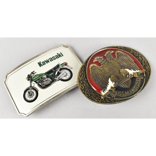 86 - An Enamelled Oval Belt Buckle Decorated with Two Headed Eagle together with a Kawasaki Motorcycle Be... 