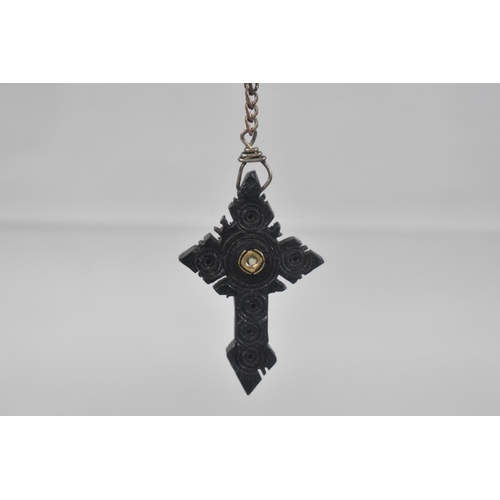 89 - A Whitby Jet Rosary with Crucifix Pendant having Integral Stanhope 'Sacre Coeur De Jesus'