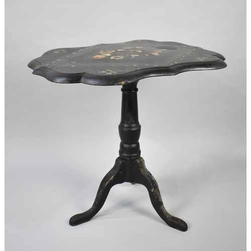 96 - A Victorian Mother of Pearl Inlaid Papier Mache Occasional Table on Tripod Base, 72cms Wide, Conditi... 