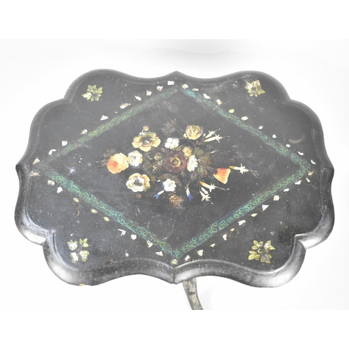 96 - A Victorian Mother of Pearl Inlaid Papier Mache Occasional Table on Tripod Base, 72cms Wide, Conditi... 