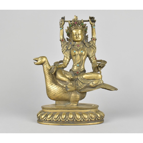 48 - A Large Jewelled Bronze Study of Boddhisatva Tara Sat on Bird, 25cms High