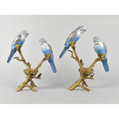 114 - A Pair of French Style Ormolu Candle Stands Decorated with Pairs of Porcelain Budgerigars Perched on... 