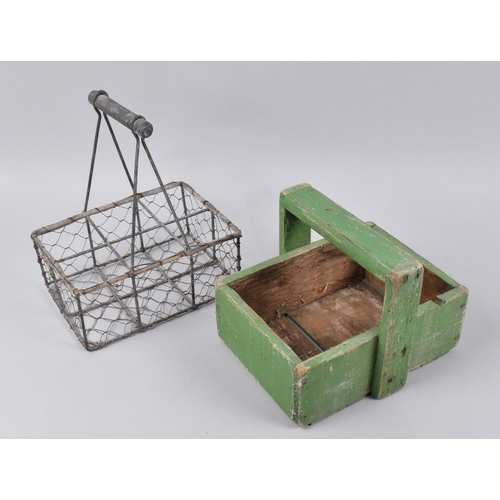 117 - A Vintage Wire Six Bottle Carrier and a Small Wooden Trug