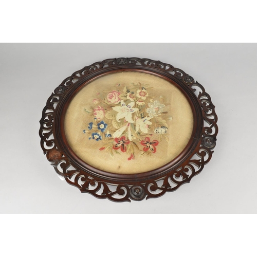 156 - A 19th Century Circular Pierced Mahogany Frame Containing Floral Tapestry, 41cms Diameter Overall, C... 