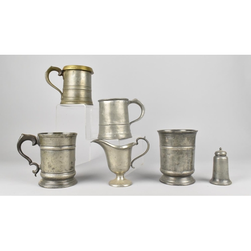 168 - A Collection of Various Pewter Tankards and Measures, Pepper Pot and Jug