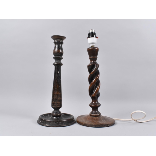 189 - A Turned Wooden Candlestick and an Open Spiral Table Lamp Base, Condition Issues