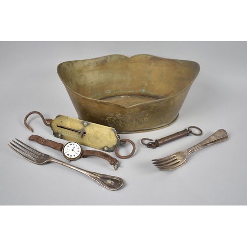 197 - A Brass Oval Planter with Armorial Crest containing Spring Balance, Silver Backed Vintage Watch (AF)... 