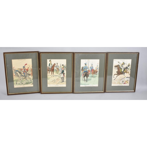 200 - A Set of Four Continental Military Prints, Cavalry Officers and Men, Each 13x21cms, one with broken ... 