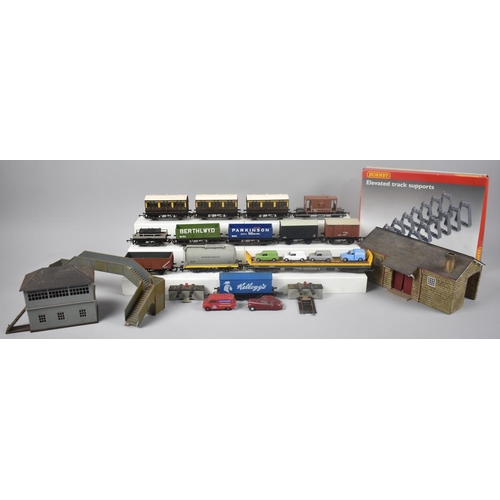 221 - A Collection of OO Gauge Goods Wagons, Hornby Track Support Set, Buildings, Car Transporter and Vehi... 