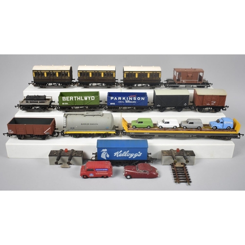 221 - A Collection of OO Gauge Goods Wagons, Hornby Track Support Set, Buildings, Car Transporter and Vehi... 