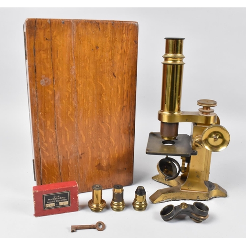 230 - A Vintage Brass Microscope in Oak Box