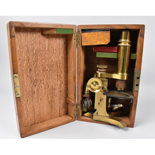 230 - A Vintage Brass Microscope in Oak Box