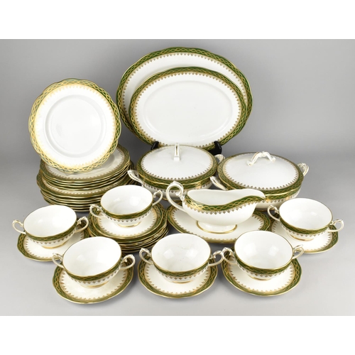 253 - A Royal Albert Green Inset and Gilt Detailing Trim Dinner Service for Six To Comprise Soup Bowls, Sa... 