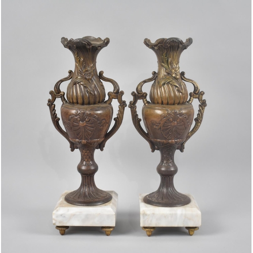 27 - A Pair of French Style Bronze Ormolu and Marble Clock Garniture Vases, 33cms High