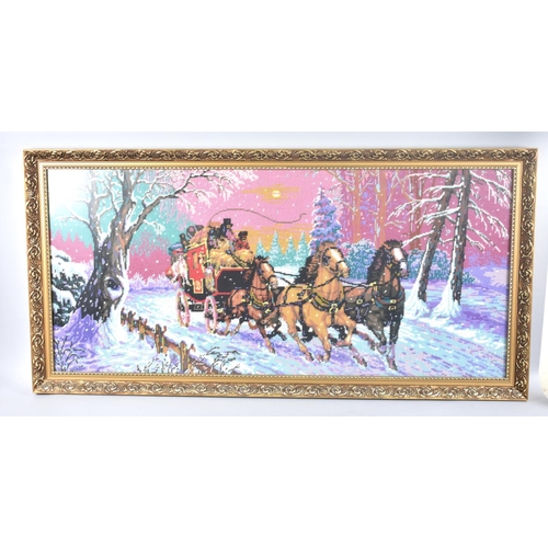 277 - A Large Gilt Framed Tapestry of Stagecoach in the Snow, 108x49cms