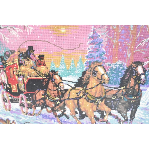 277 - A Large Gilt Framed Tapestry of Stagecoach in the Snow, 108x49cms