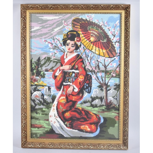 286 - A Gilt Framed Tapestry of Oriental Lady with Parasol, 49x69cms