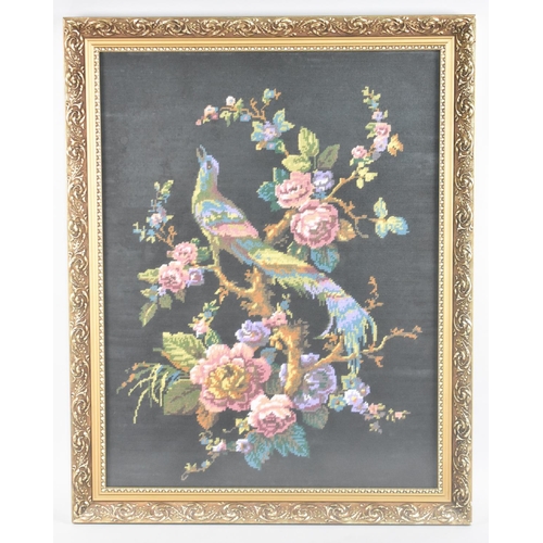 291 - A Gilt Framed Tapestry of Exotic Bird in Rose Bush, 50x65cms