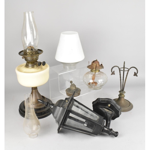 297 - A Late 19th/Early 20th Century Oil Lamp with Opaque Glass Reservoir, Glass Shade, Chimney, Wall Ligh... 