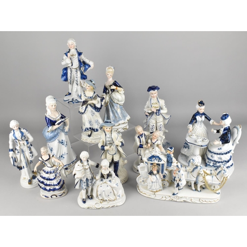 304 - A Collection of Continental Ceramic Blue and White Figural Groups (One with Arm AF)