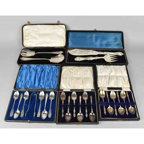 321 - Three Cased Sets of Spoons Together with Two Cased Fish Serving Sets