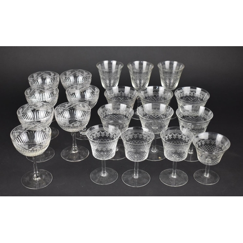 328 - A Collection of Drinking Glasses to Comprise Set of Seven Etched Coupes with Leaf and Vine Decoratio... 