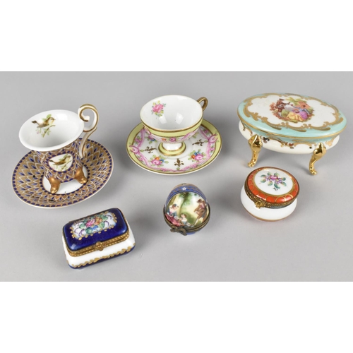 335 - A Collection of Various Porcelain Miniatures to Comprise Limoges Trinket Boxes, Orchid Coffee Can an... 