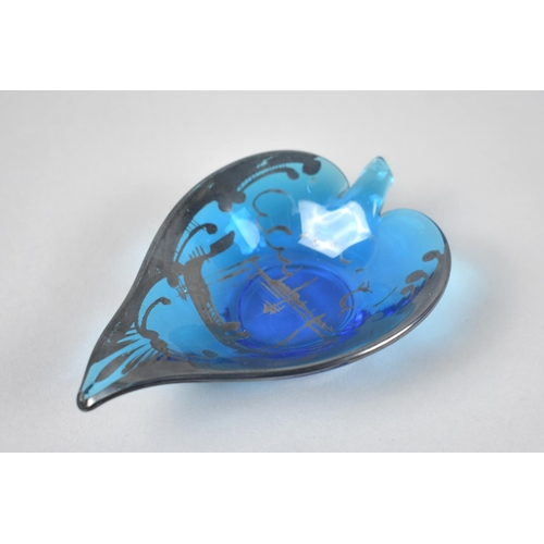 34 - An Italian Painted Blue Glass Pin Dish in the Form of a Leaf, Decorated with Gondola, 12cms Long