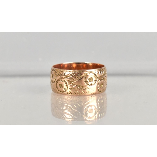 361 - A 9ct Rose Gold Band, Engraved Floral Decoration, 7.5mm Wide Approx, Size M, 3.6gms, Birmingham Hall... 