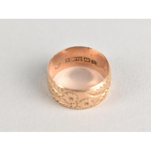 361 - A 9ct Rose Gold Band, Engraved Floral Decoration, 7.5mm Wide Approx, Size M, 3.6gms, Birmingham Hall... 