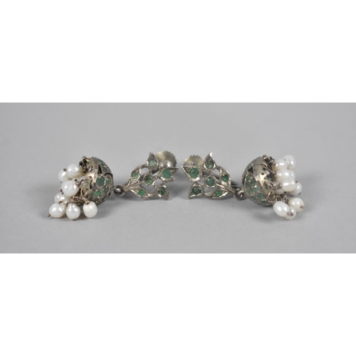 371 - A Pair of Pearl, Green Stone and White Metal Indian Jhumka, Screw Backs and with Total Drop 40mm