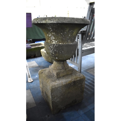 386 - An Early 19th Century Hand Carved Stone Urn on Square Plinth Base, Approx 77cm High (Restored)