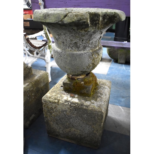 387 - An Early 19th Century Hand Carved Stone Urn on Square Plinth Base, Approx 77cm High (Some Condition ... 