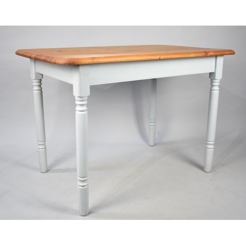 437 - A Modern Rectangular Pine Kitchen Table Painted Turned SUpports, 106cms Wide