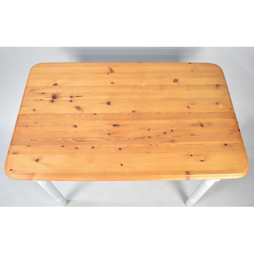 437 - A Modern Rectangular Pine Kitchen Table Painted Turned SUpports, 106cms Wide