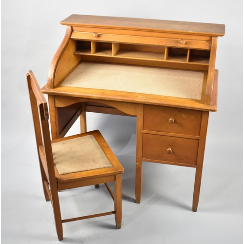 44 - A Mid 20th Century Childs Roll Top Desk with Fitted Interior and Two Side Drawers, Complete with Cha... 