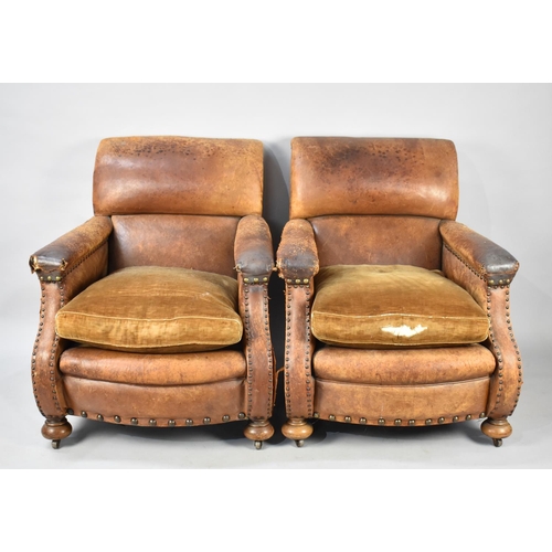 441 - A Pair of Edwardian Leather Club Armchairs, NB Cat Scratch Damage and Tears to Leather Etc