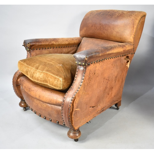 441 - A Pair of Edwardian Leather Club Armchairs, NB Cat Scratch Damage and Tears to Leather Etc