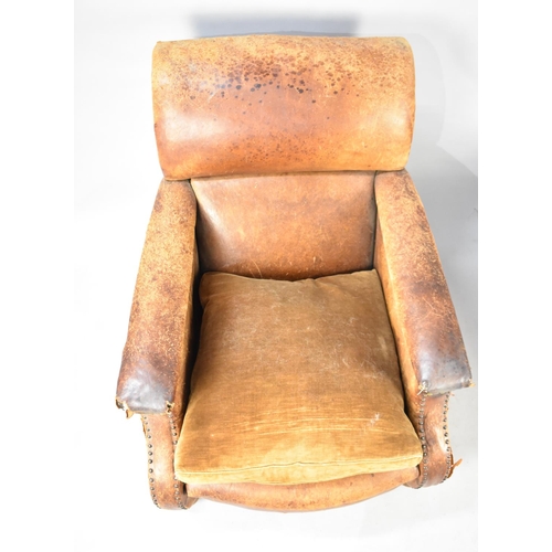 441 - A Pair of Edwardian Leather Club Armchairs, NB Cat Scratch Damage and Tears to Leather Etc