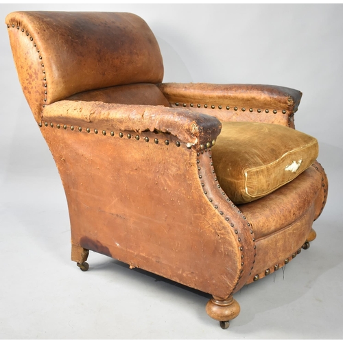 441 - A Pair of Edwardian Leather Club Armchairs, NB Cat Scratch Damage and Tears to Leather Etc