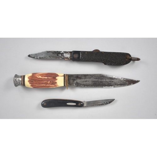 47 - A Mid 20th Century Bone Handled Hunting Knife together with Two Pocket Knives, Smaller with blade in... 