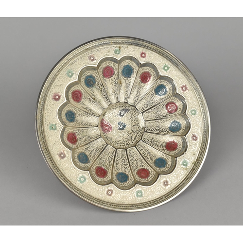 55 - An Indian Enamelled Silver Plated Bowl with Scalloped Centre, 18.5cms Diameter