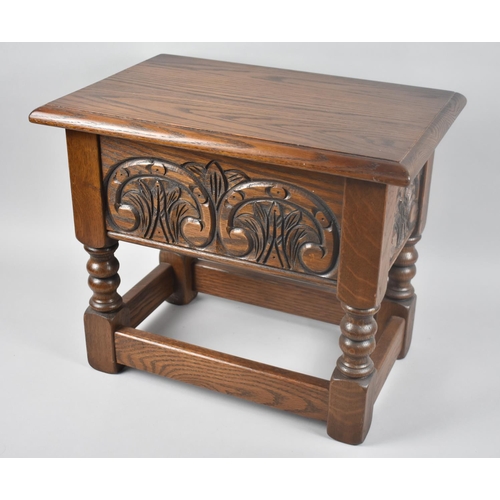 6 - A Mid 20th Century Old Charm Lift Top Sewing Box with Carved Front Panel, 46cms Wide