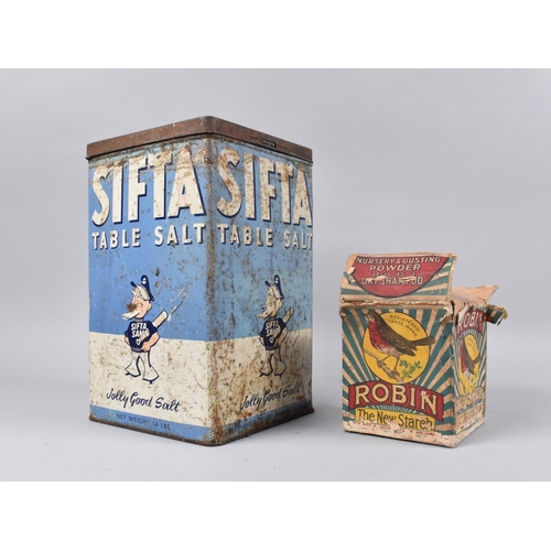 75 - A Vintage Rectangular Tin for Sifta Table Salt and a Cardboard Box for Robin Starch