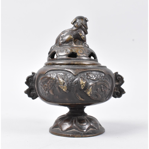 9 - A Chinese Patinated Bronze Censer with Relief Decoration to Body and Pierced Lid with Foo Dog Finial... 