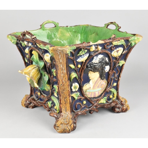 92 - A German Majolica Flared Square Planter by Wilhelm Schiller and Sons Decorated in Relief with Flower... 