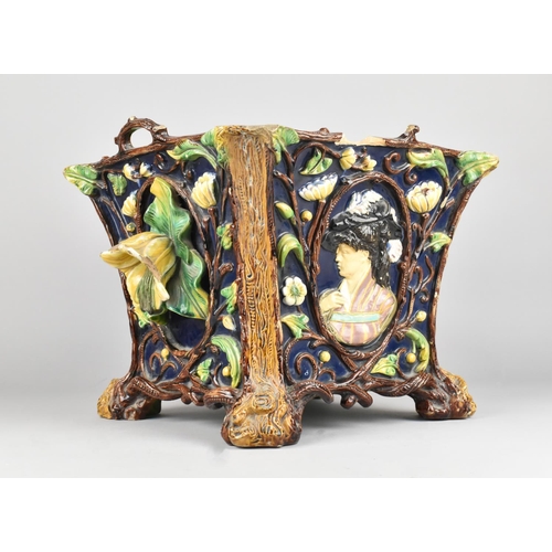 92 - A German Majolica Flared Square Planter by Wilhelm Schiller and Sons Decorated in Relief with Flower... 