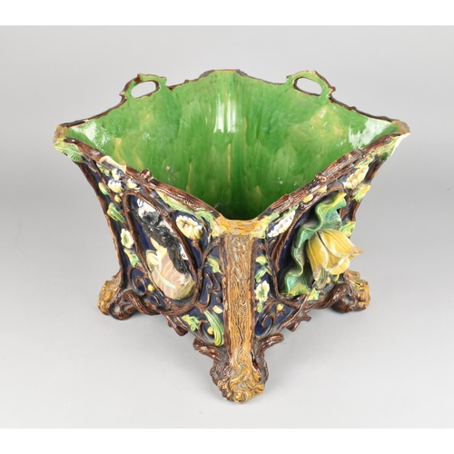 92 - A German Majolica Flared Square Planter by Wilhelm Schiller and Sons Decorated in Relief with Flower... 