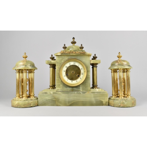 93 - A French Green Onyx and Brass Clock Garniture, Movement Broken Down, Requires Full Restoration