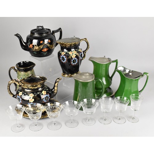 315 - A Collection of Victorian/Edwardian Black and Green Glazed Teapots, Hot Water Pots, etc Glassware et... 